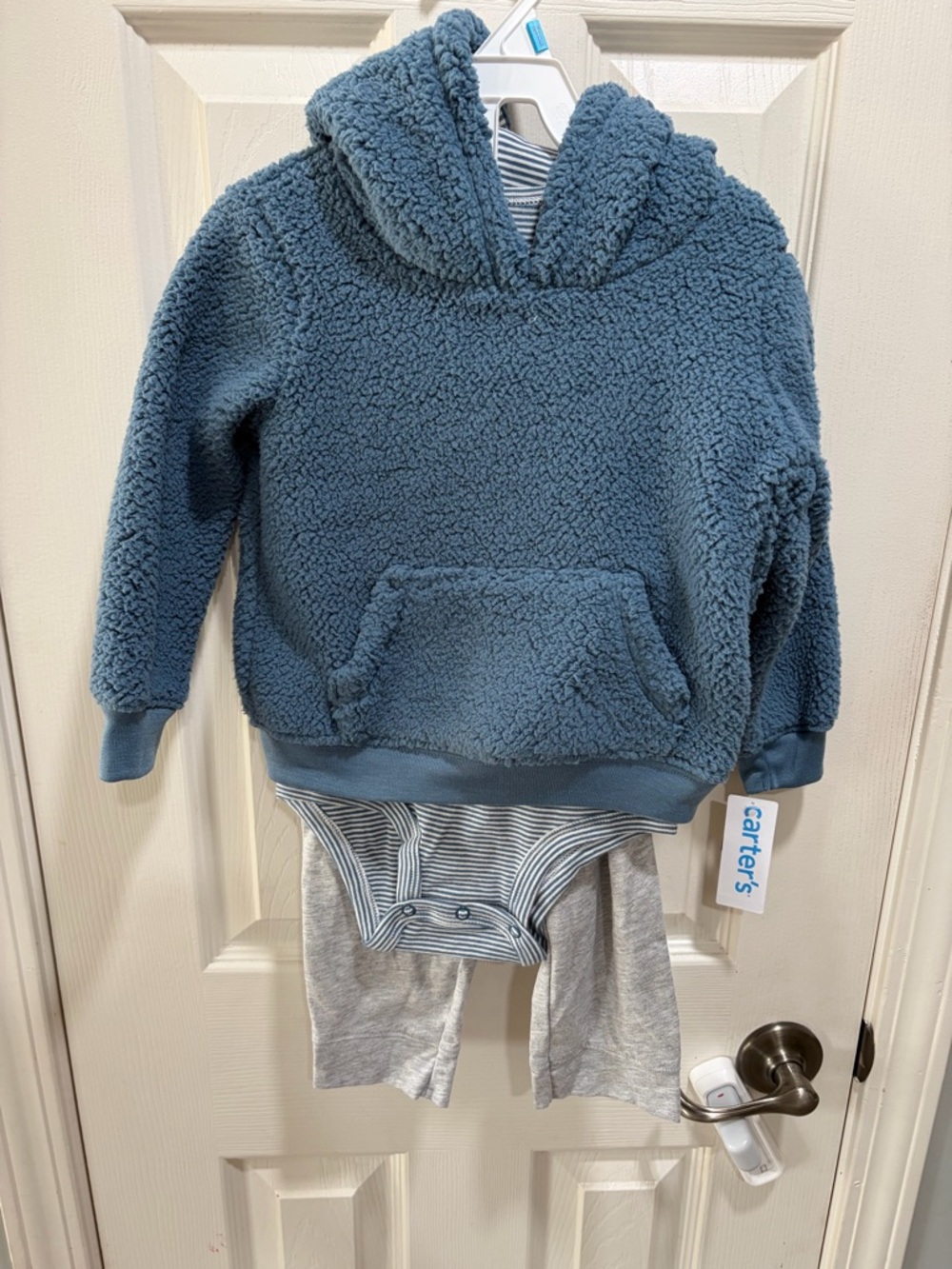 Carter's Blue Sherpa Hoodie with Striped Bodysuit and Gray Pants